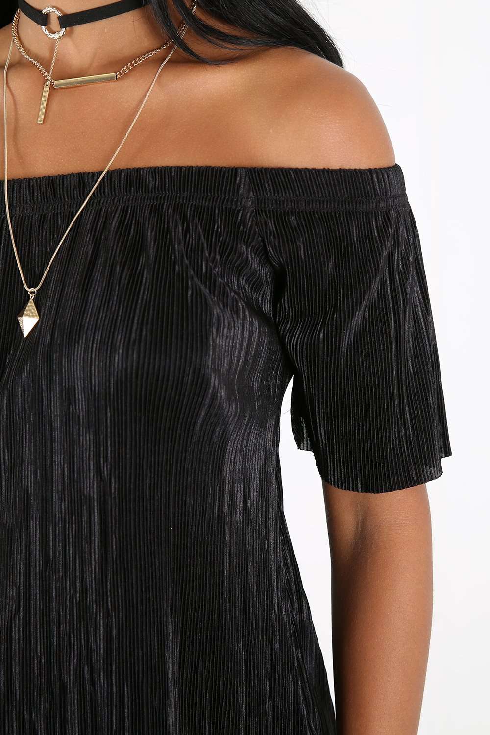 Baily Off Shoulder Metallic Pleated Top - bejealous-com