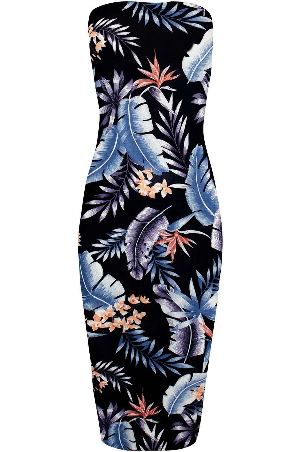 Bandeau Black Tropical Print Midi Bodycon Dress - bejealous-com