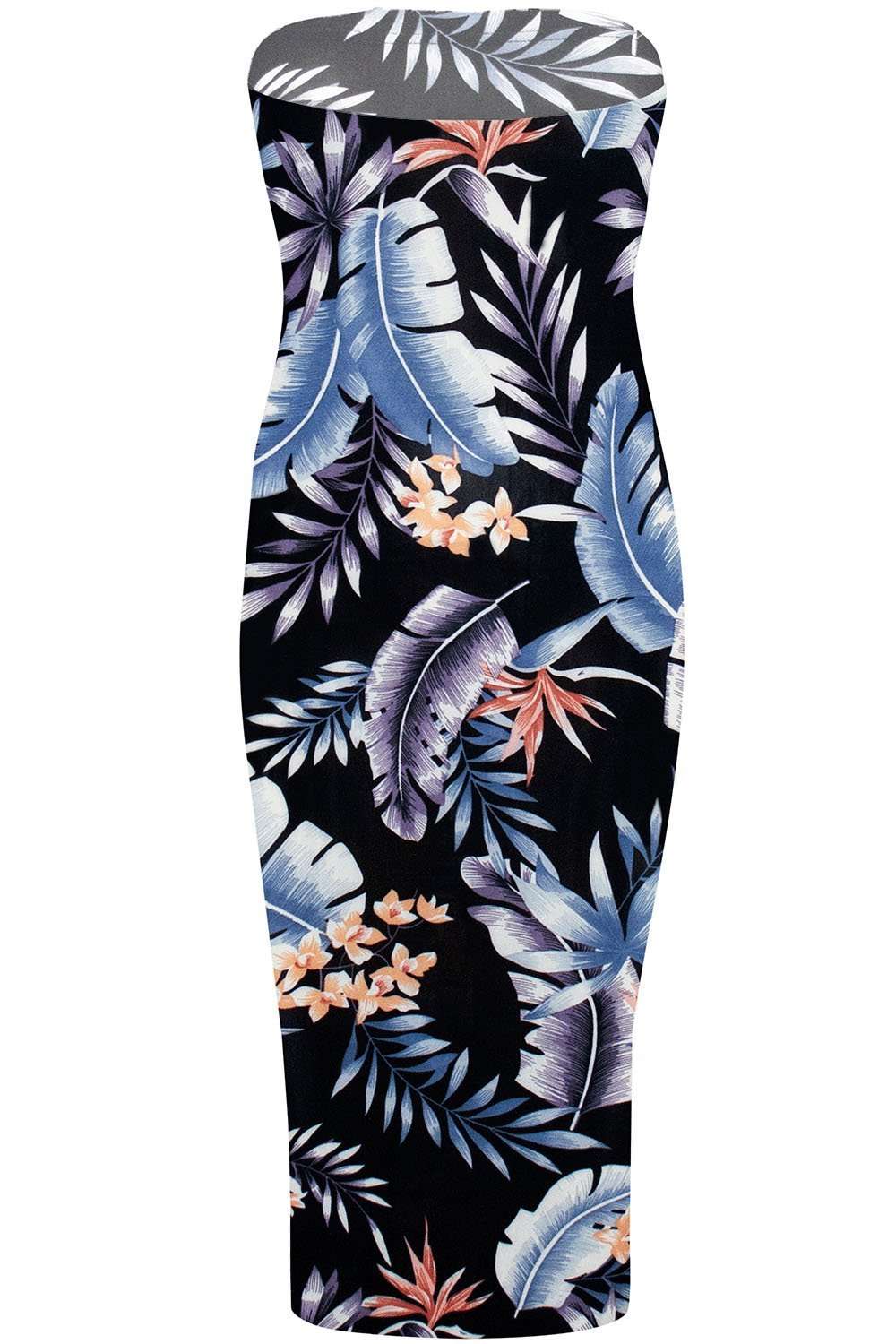 Bandeau Black Tropical Print Midi Bodycon Dress - bejealous-com