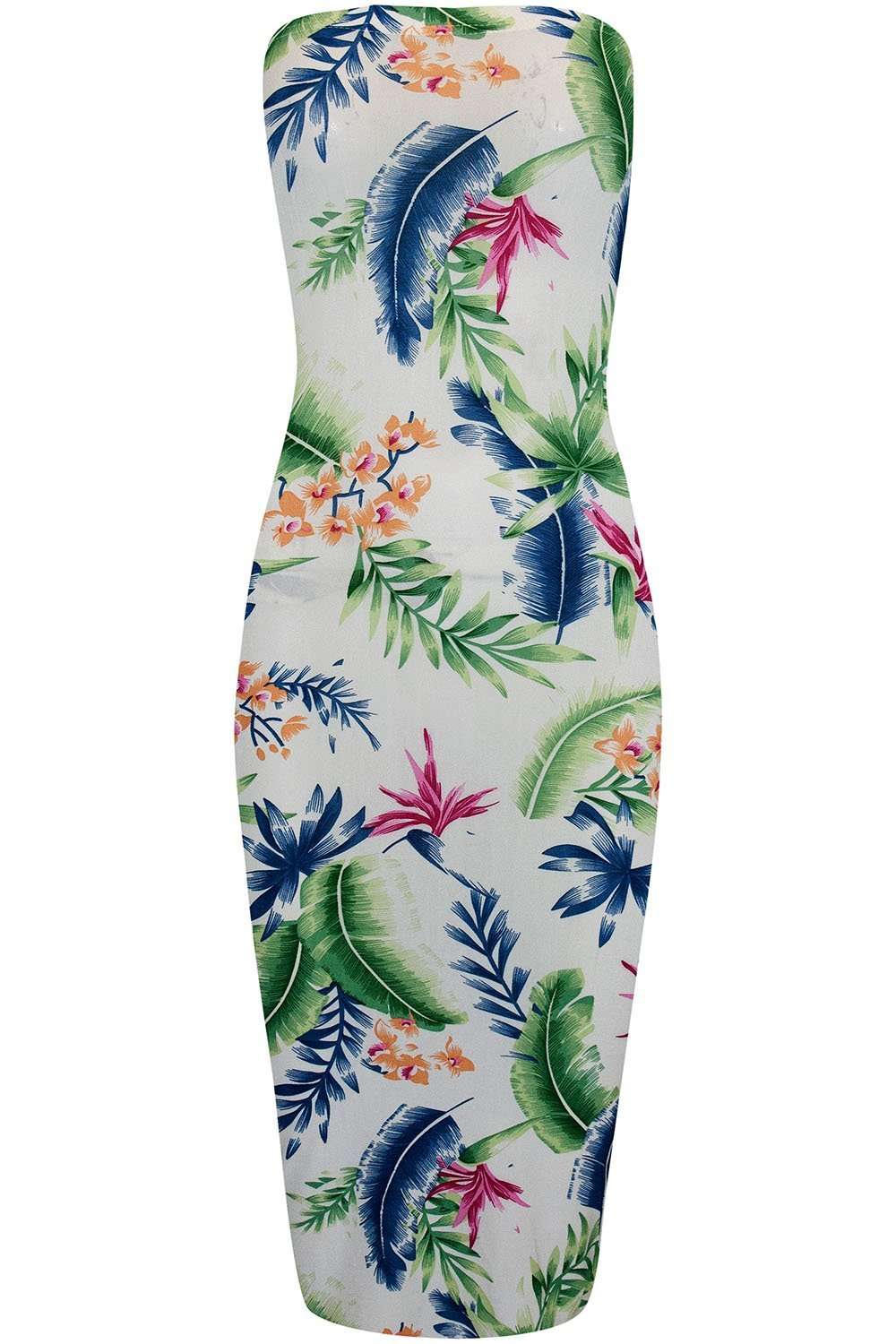 Bandeau Black Tropical Print Midi Bodycon Dress - bejealous-com