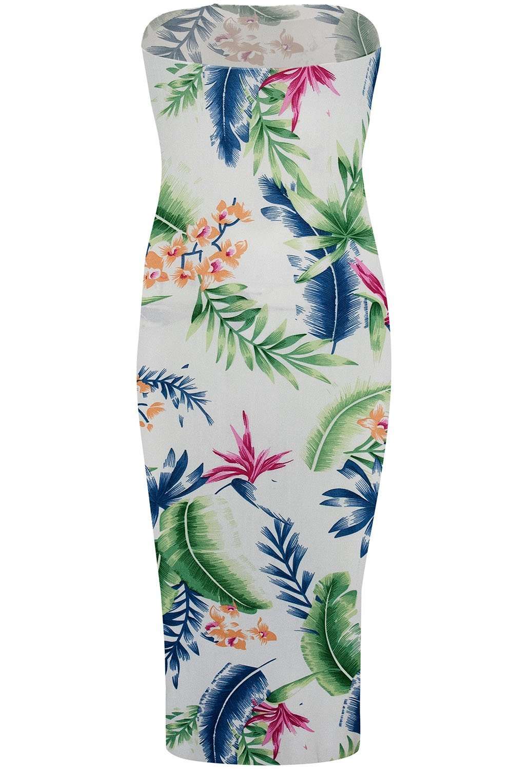 Bandeau Black Tropical Print Midi Bodycon Dress - bejealous-com
