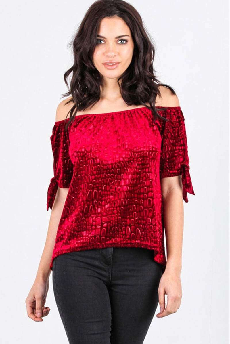 Bardot Faux Velvet Tie Sleeve Red Top - bejealous-com