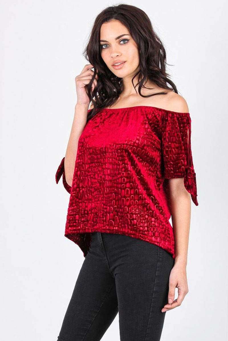 Bardot Faux Velvet Tie Sleeve Red Top - bejealous-com