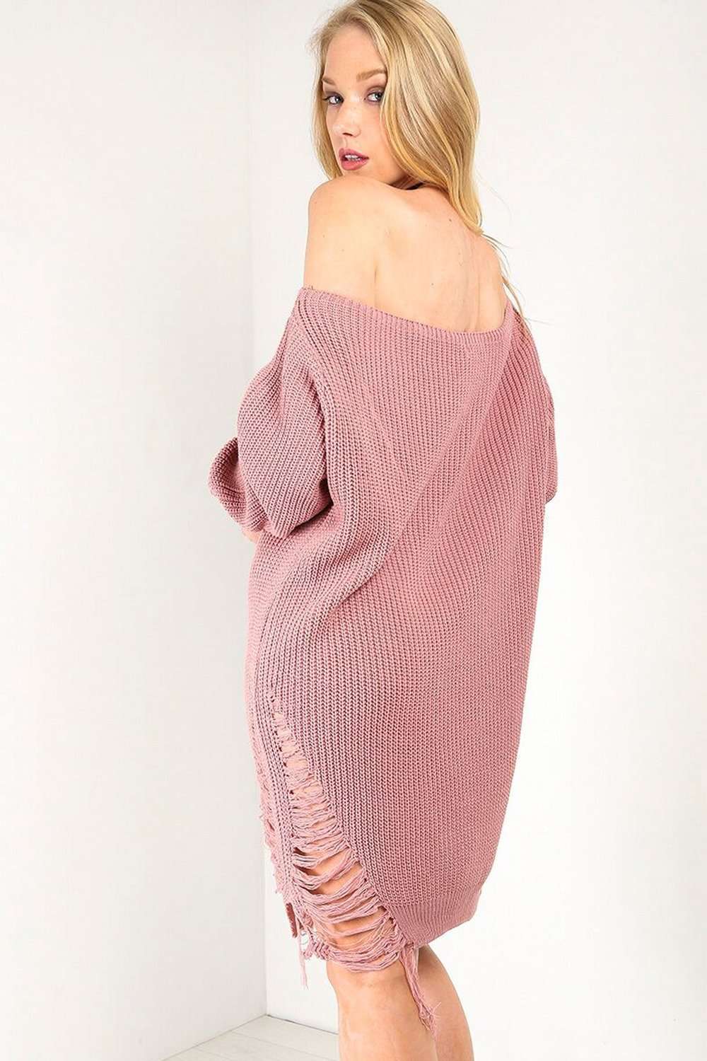 Cream Bardot Ripped Knit Jumper Dress - bejealous-com