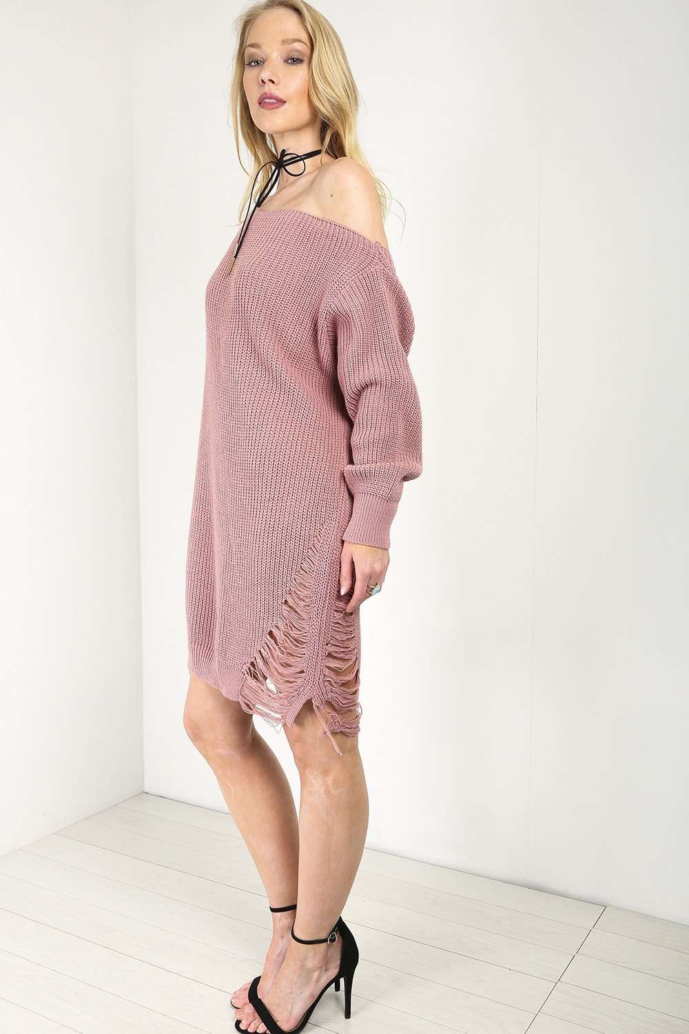 Cream Bardot Ripped Knit Jumper Dress - bejealous-com