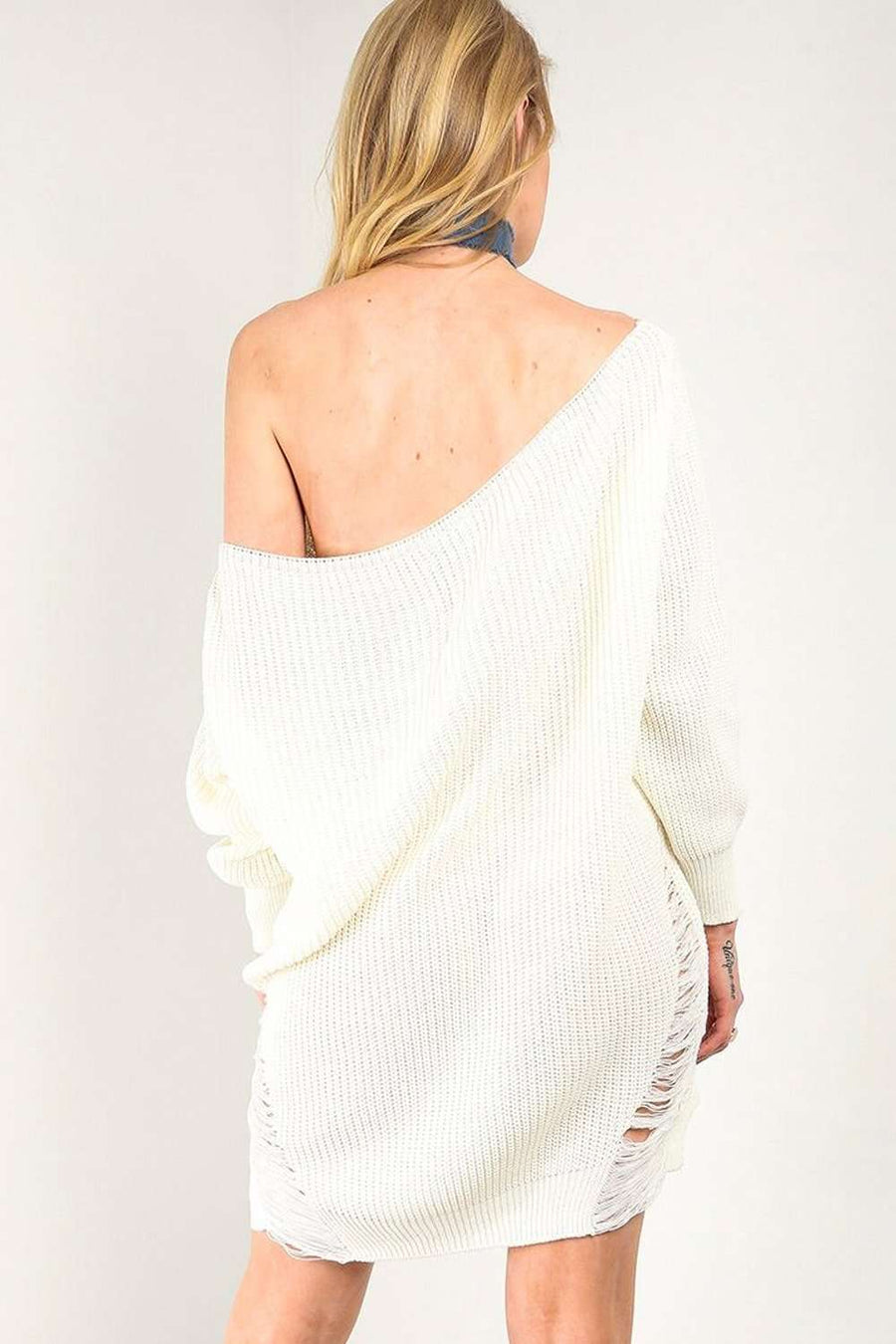 Cream Bardot Ripped Knit Jumper Dress - bejealous-com