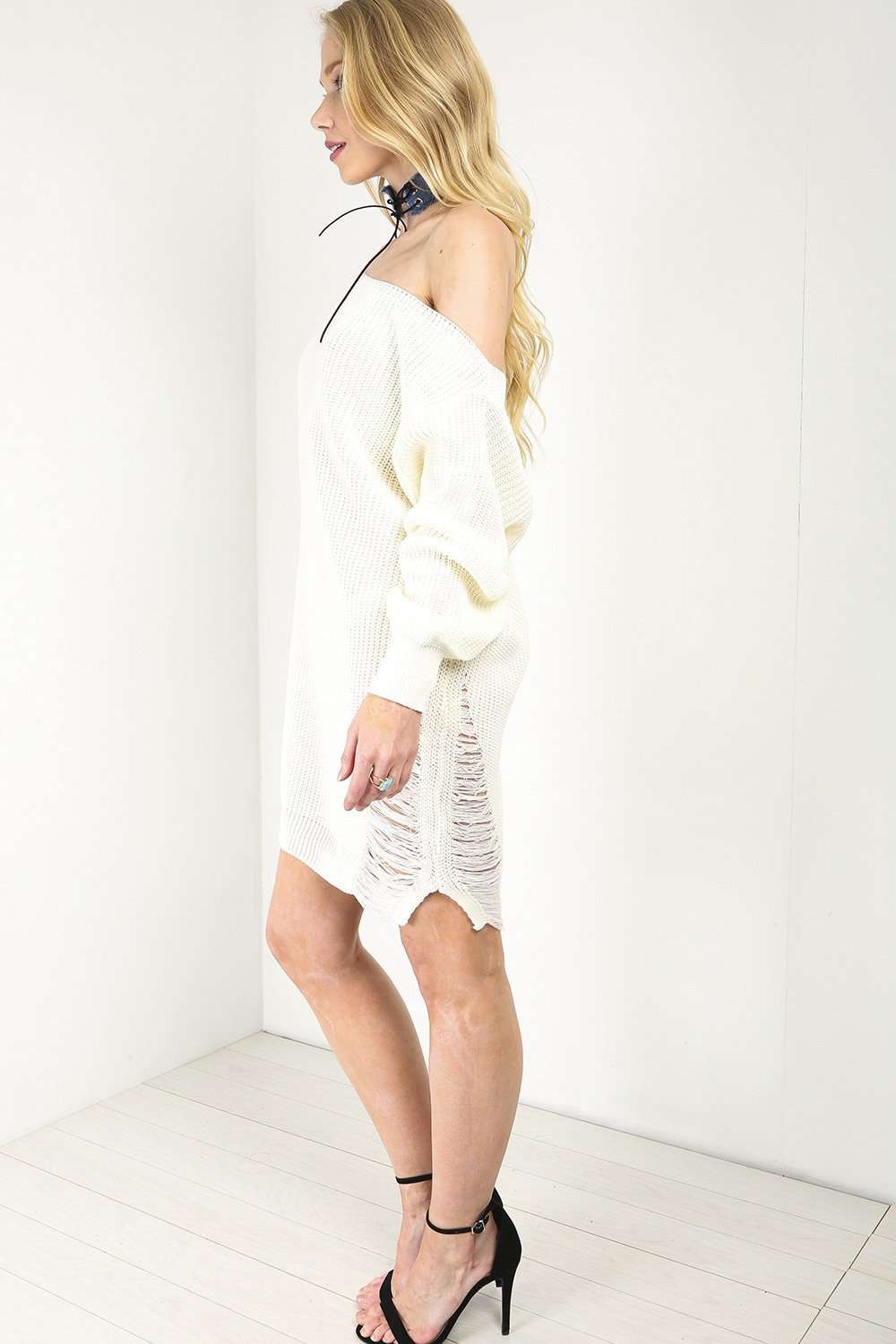 Cream Bardot Ripped Knit Jumper Dress - bejealous-com