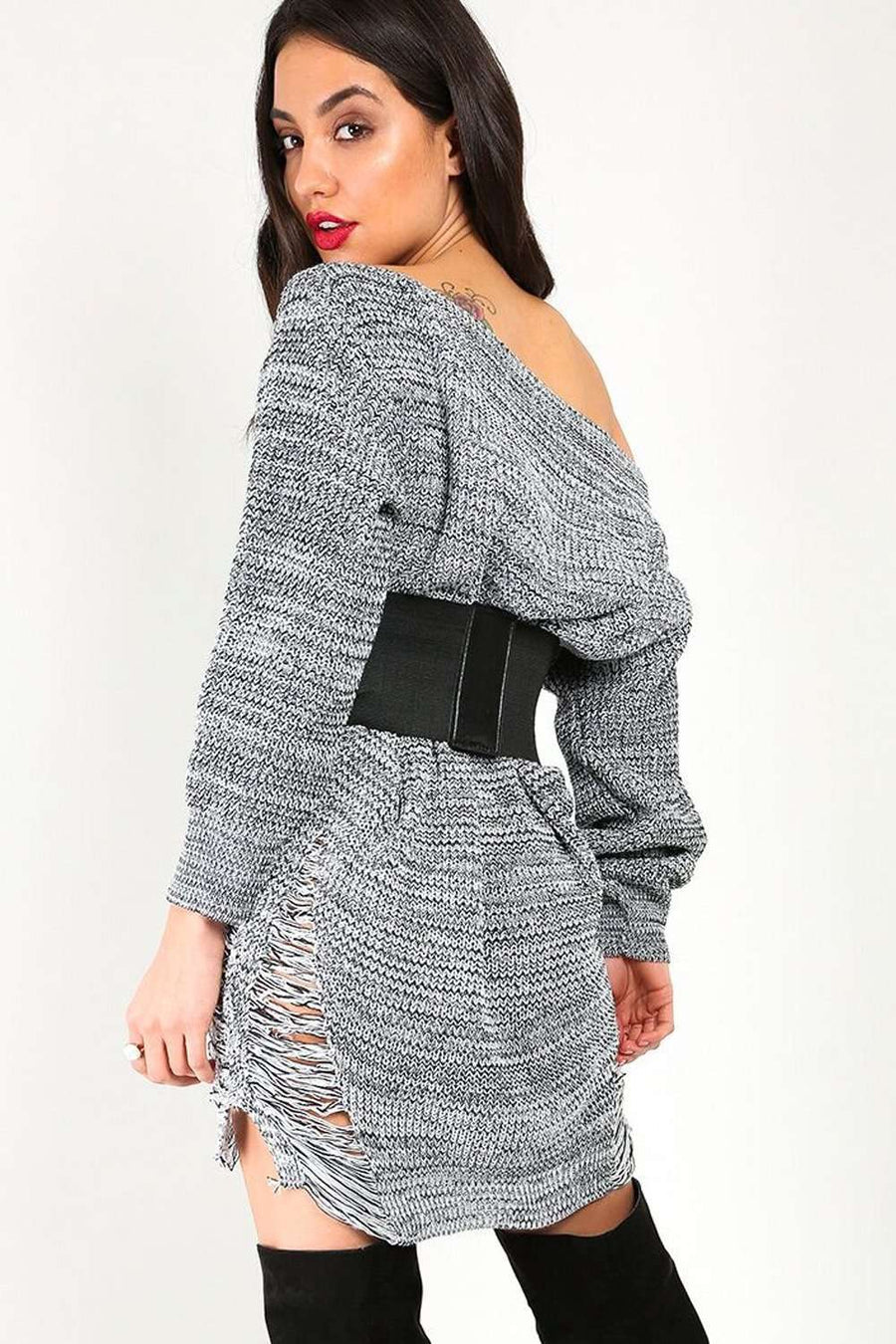 Off Shoulder Ripped Knit Jumper Dress - bejealous-com