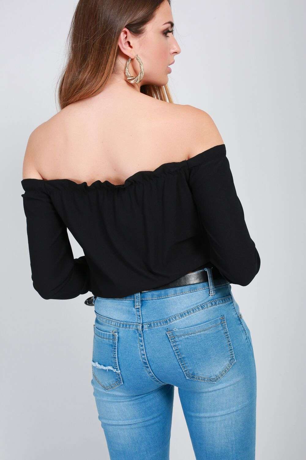 Bella Long Sleeve Bardot Frill Trim Top - bejealous-com