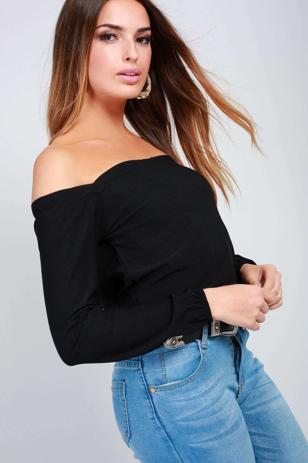 Bella Long Sleeve Bardot Frill Trim Top - bejealous-com
