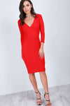 Belle Long Sleeve Plunge Neck Bodycon Midi Dress - bejealous-com