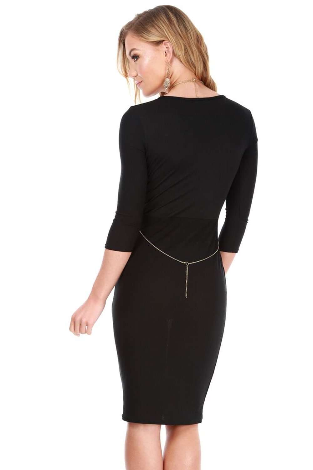 Belle Long Sleeve Plunge Neck Bodycon Midi Dress - bejealous-com