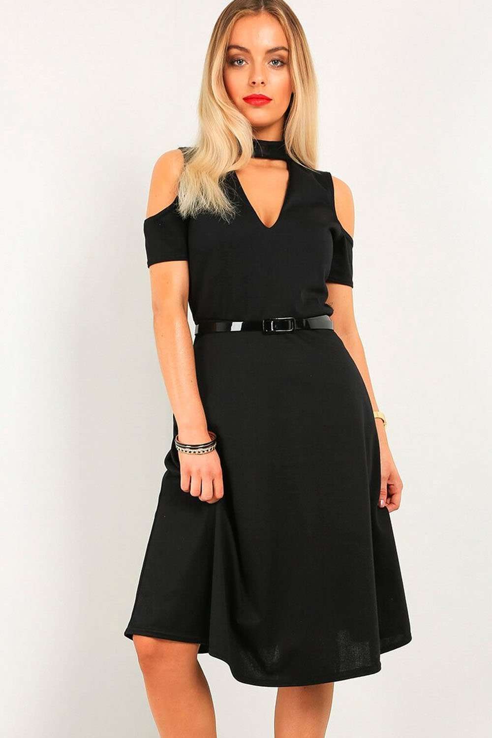 Black Cold Shoulder Belted Midi Swing Dress - bejealous-com