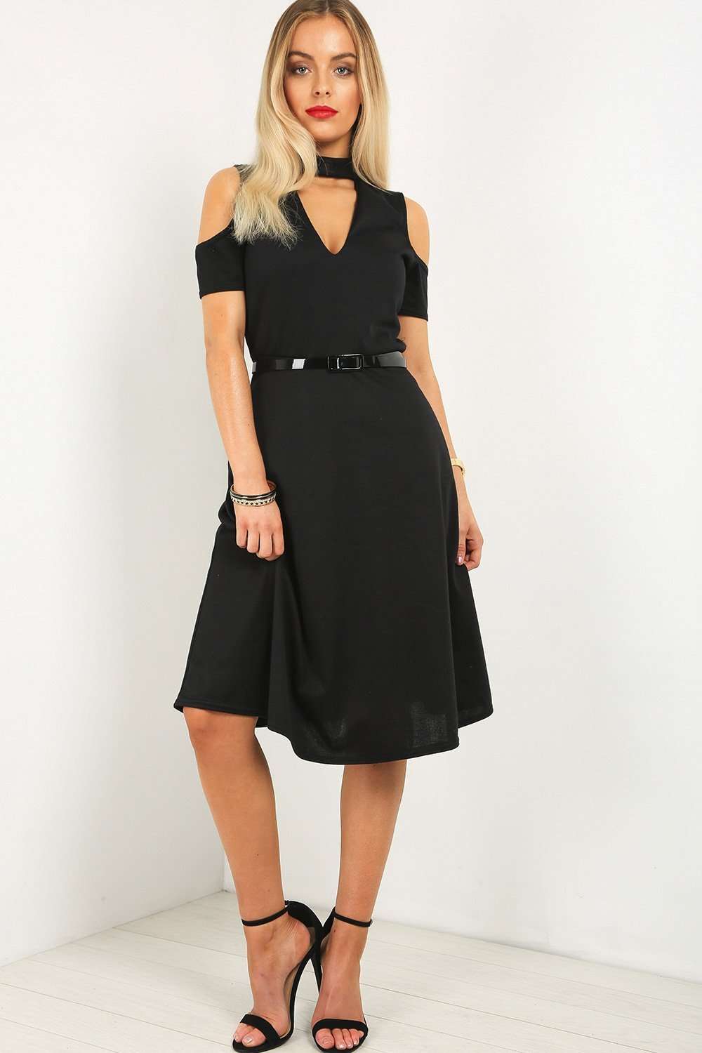 Black Cold Shoulder Belted Midi Swing Dress - bejealous-com