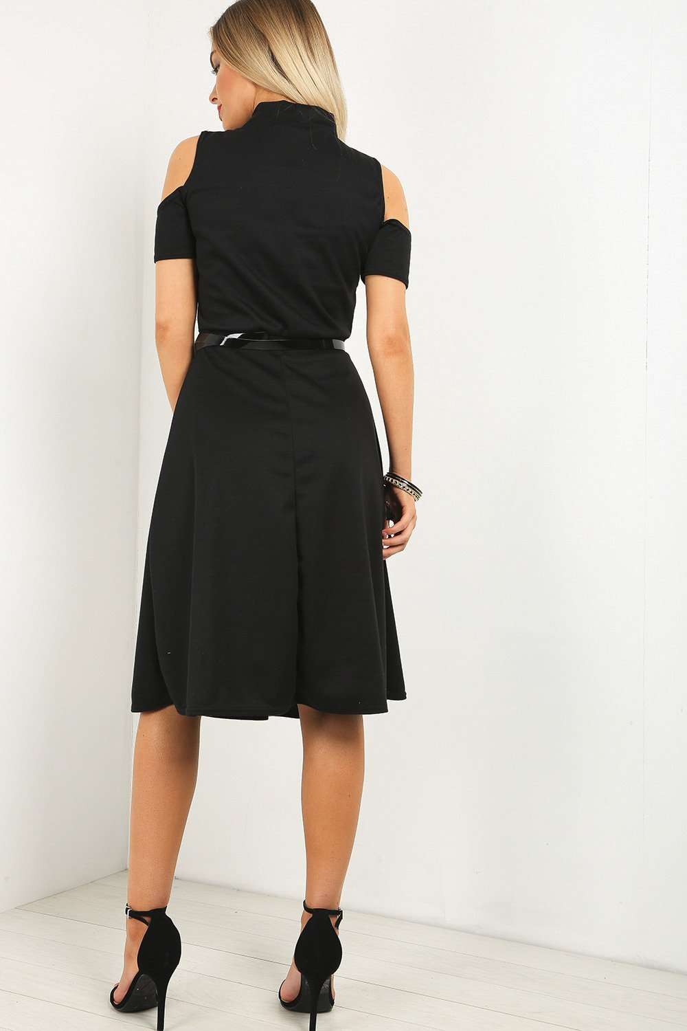 Black Cold Shoulder Belted Midi Swing Dress - bejealous-com