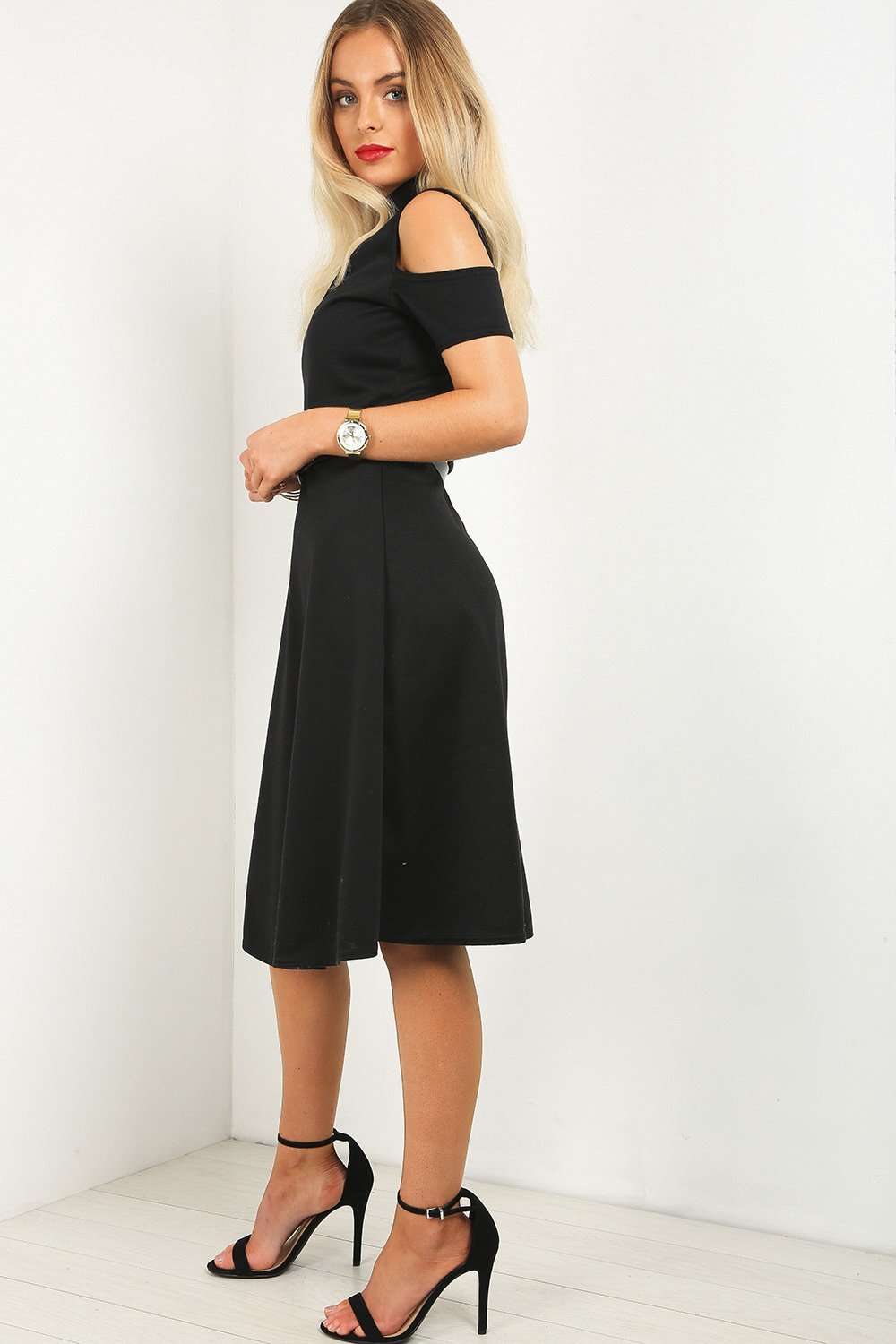 Black Cold Shoulder Belted Midi Swing Dress - bejealous-com