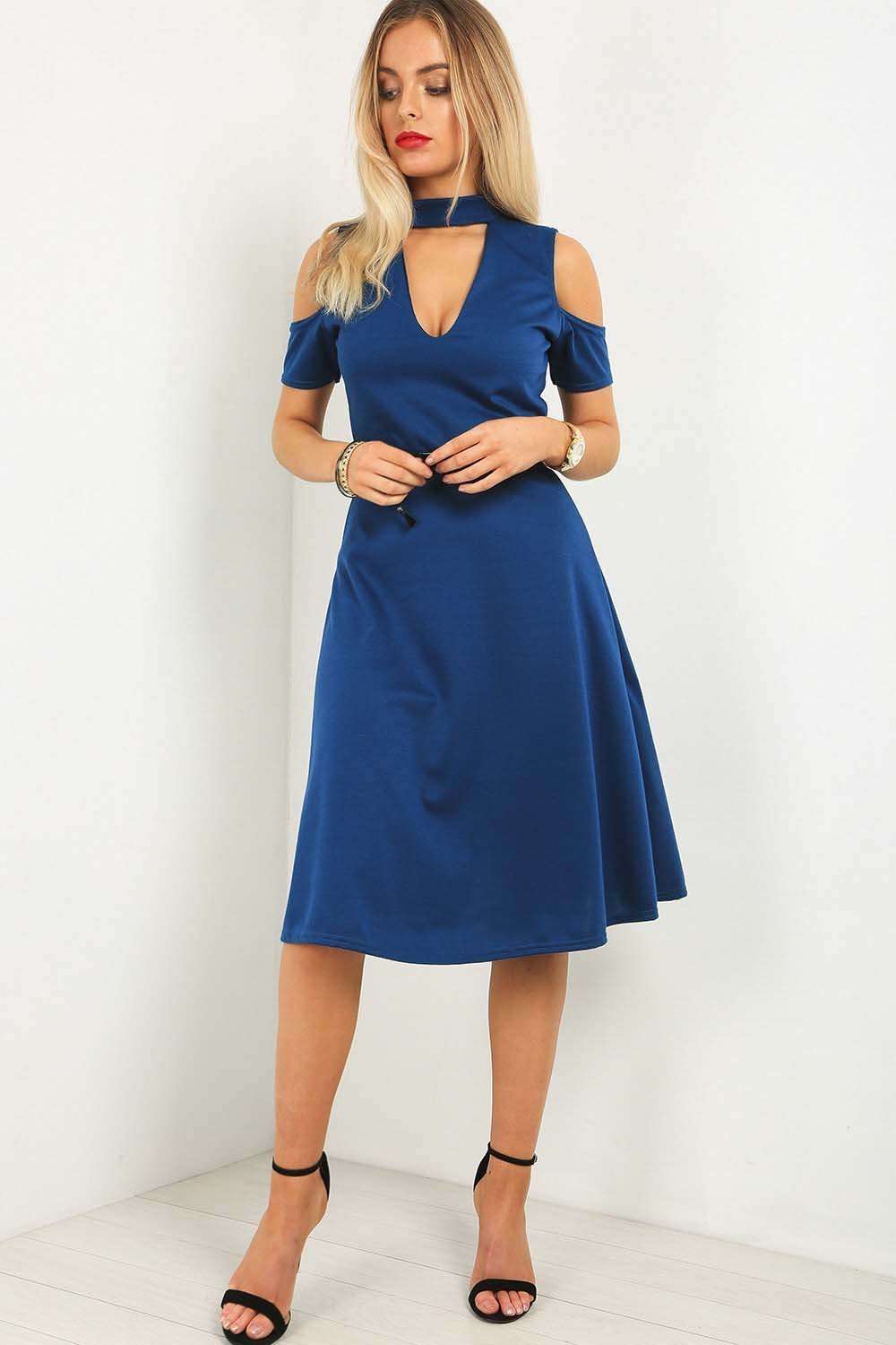Black Cold Shoulder Belted Midi Swing Dress - bejealous-com