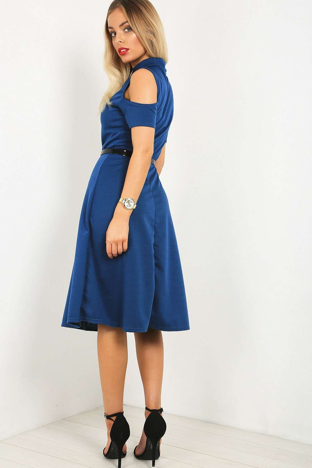 Black Cold Shoulder Belted Midi Swing Dress - bejealous-com