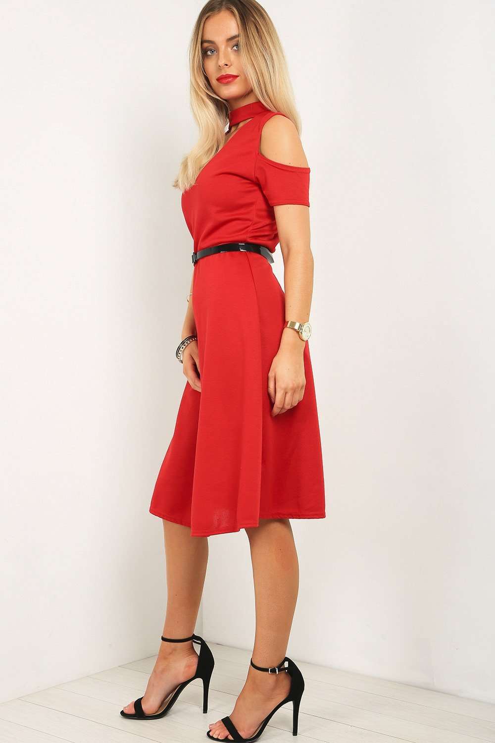 Black Cold Shoulder Belted Midi Swing Dress - bejealous-com