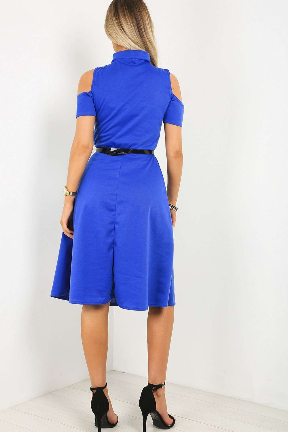 Black Cold Shoulder Belted Midi Swing Dress - bejealous-com