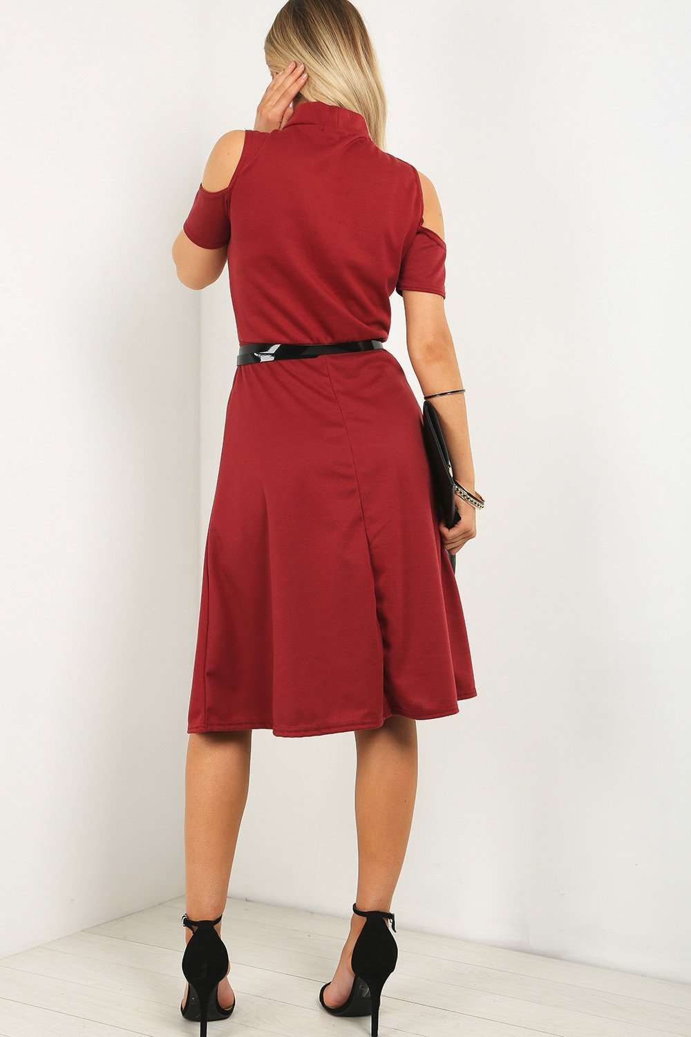 Black Cold Shoulder Belted Midi Swing Dress - bejealous-com