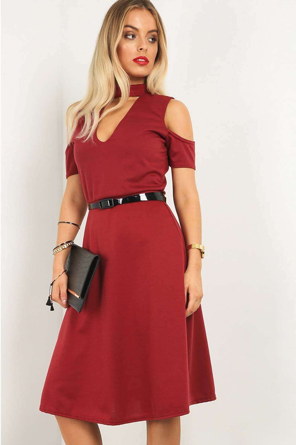 Black Cold Shoulder Belted Midi Swing Dress - bejealous-com