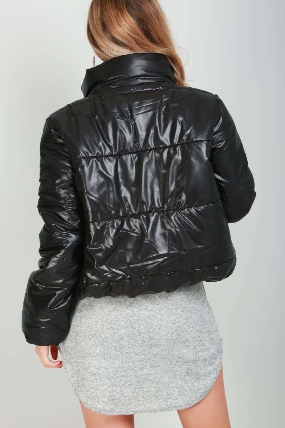 Black Cropped High Shine Quilted Puffer Jacket - bejealous-com