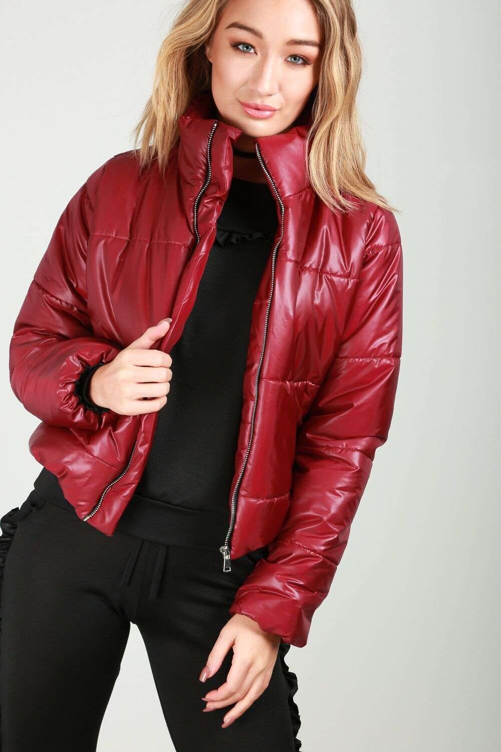 Black Cropped High Shine Quilted Puffer Jacket - bejealous-com