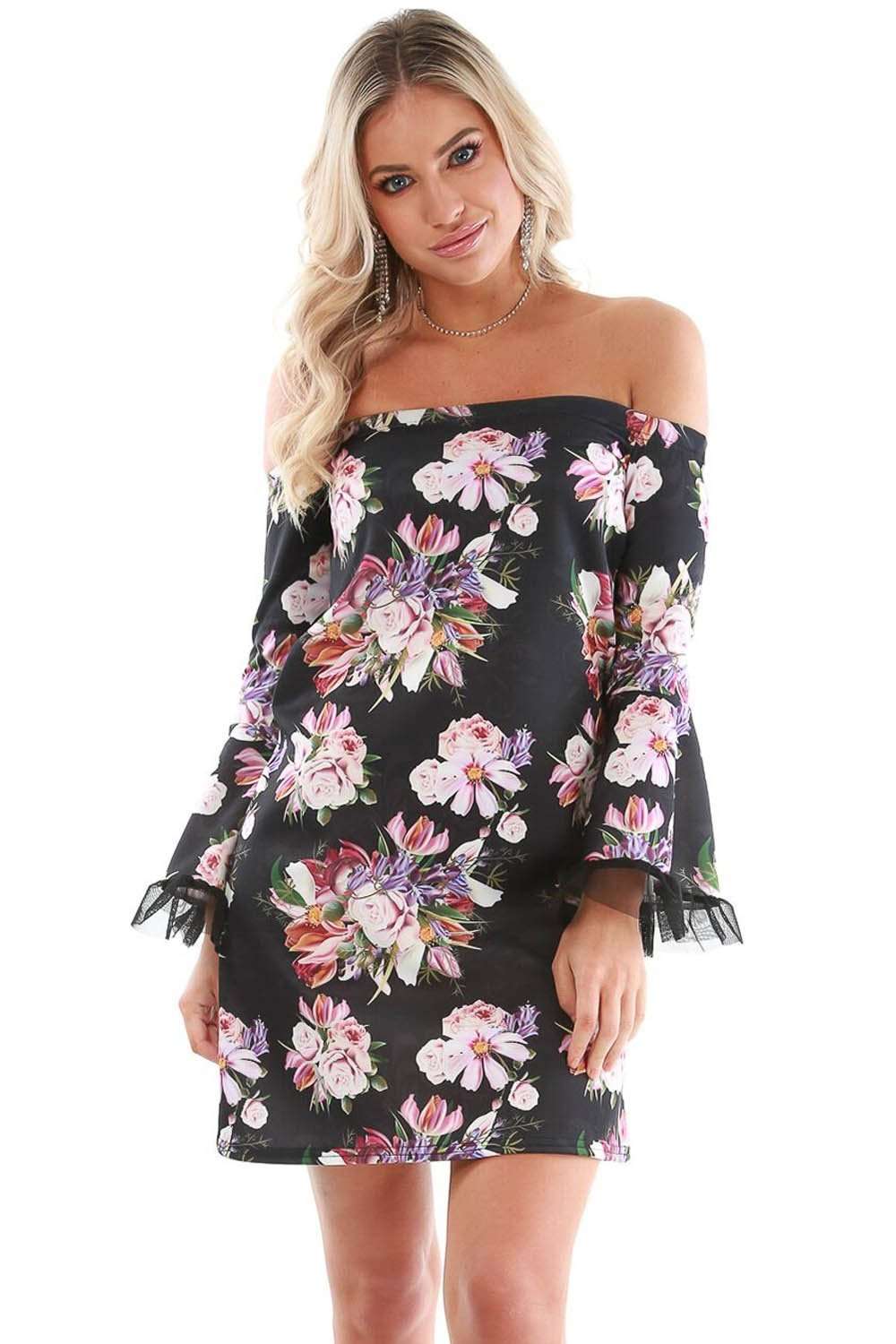 Black Floral Bardot Flare Sleeve Mini Skater Dress - bejealous-com