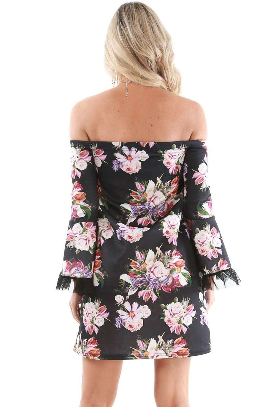 Black Floral Bardot Flare Sleeve Mini Skater Dress - bejealous-com