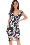 Black Floral Cold Shoulder Wrap Mini Dress - bejealous-com