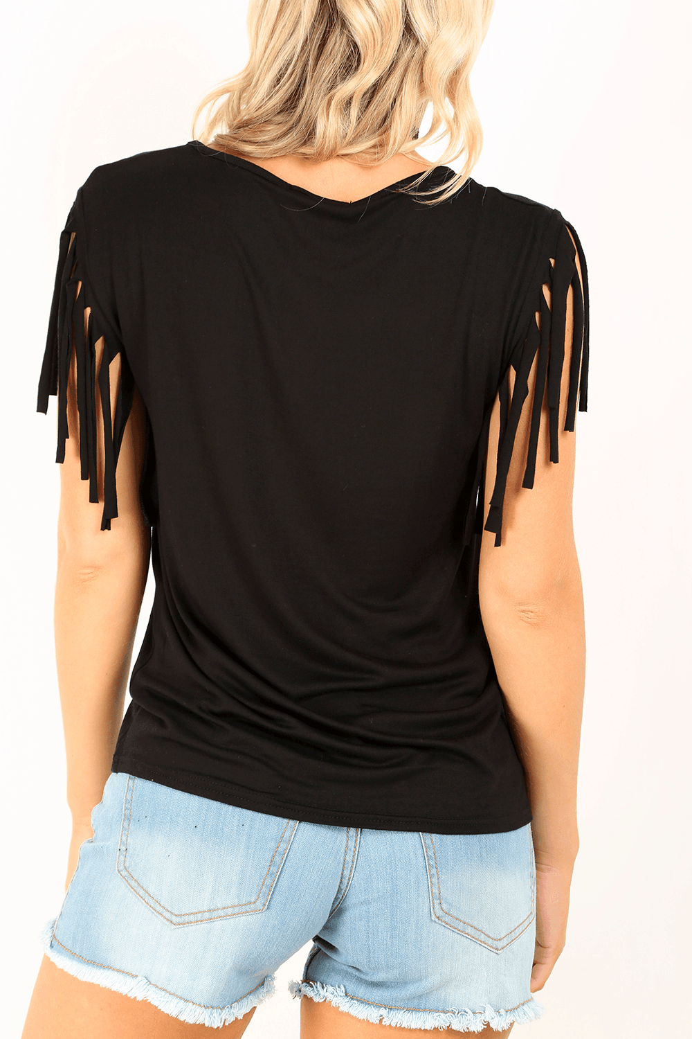 Black Fringe Sleeve Oversized Basic Tshirt - bejealous-com