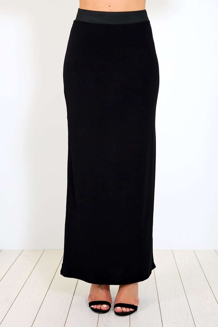 Black High Waisted Basic Jersey Maxi Skirt - bejealous-com
