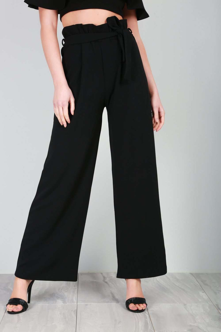 Black High Waisted Paper Bag Wide Leg Trousers - bejealous-com