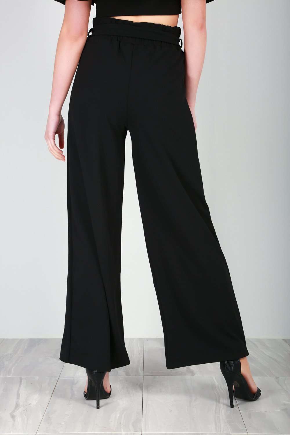 Black High Waisted Paper Bag Wide Leg Trousers - bejealous-com