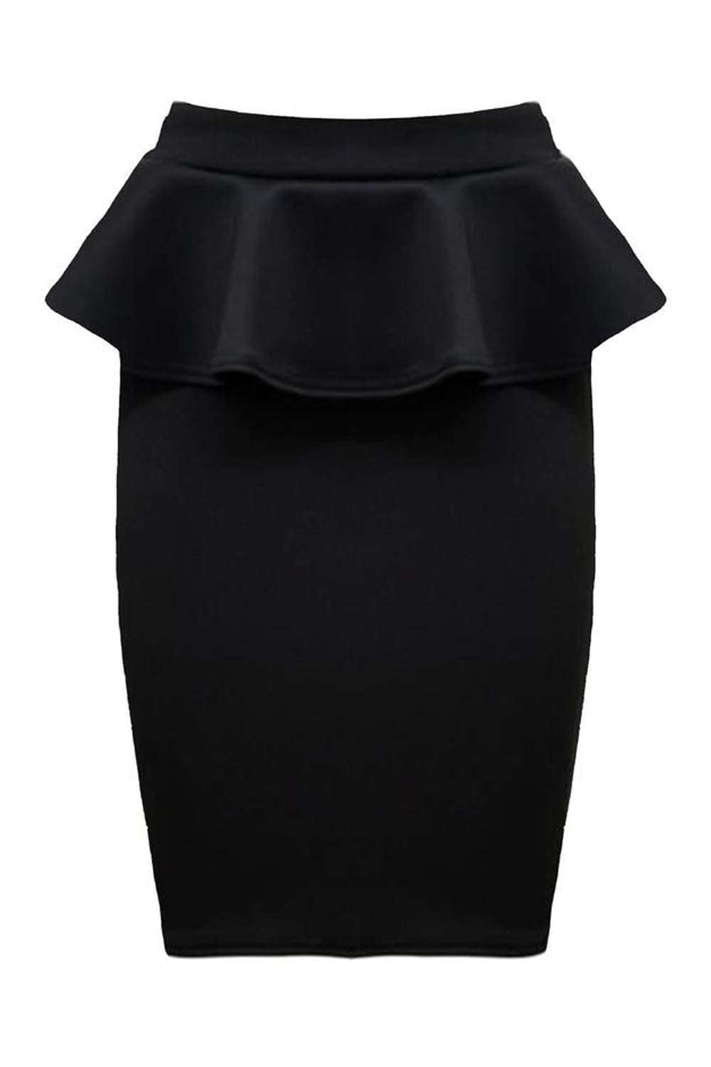 Black High Waisted Peplum Frill Midi Pencil Skirt - bejealous-com