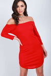 Black Long Sleeve Bardot Curve Hem Mini Dress - bejealous-com