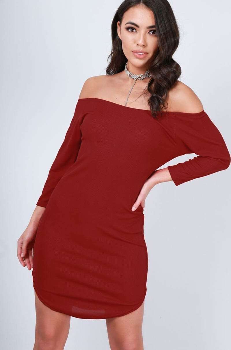 Black Long Sleeve Bardot Curve Hem Mini Dress - bejealous-com