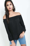 Black Off Shoulder Laser Cut Long Sleeve Top - bejealous-com