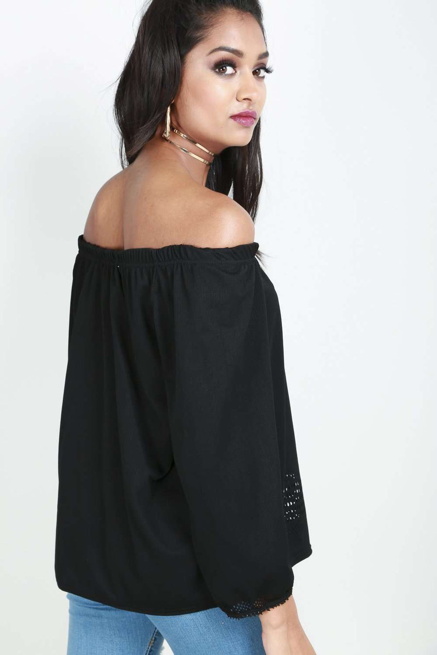 Black Off Shoulder Laser Cut Long Sleeve Top - bejealous-com