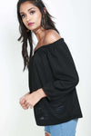 Black Off Shoulder Laser Cut Long Sleeve Top - bejealous-com