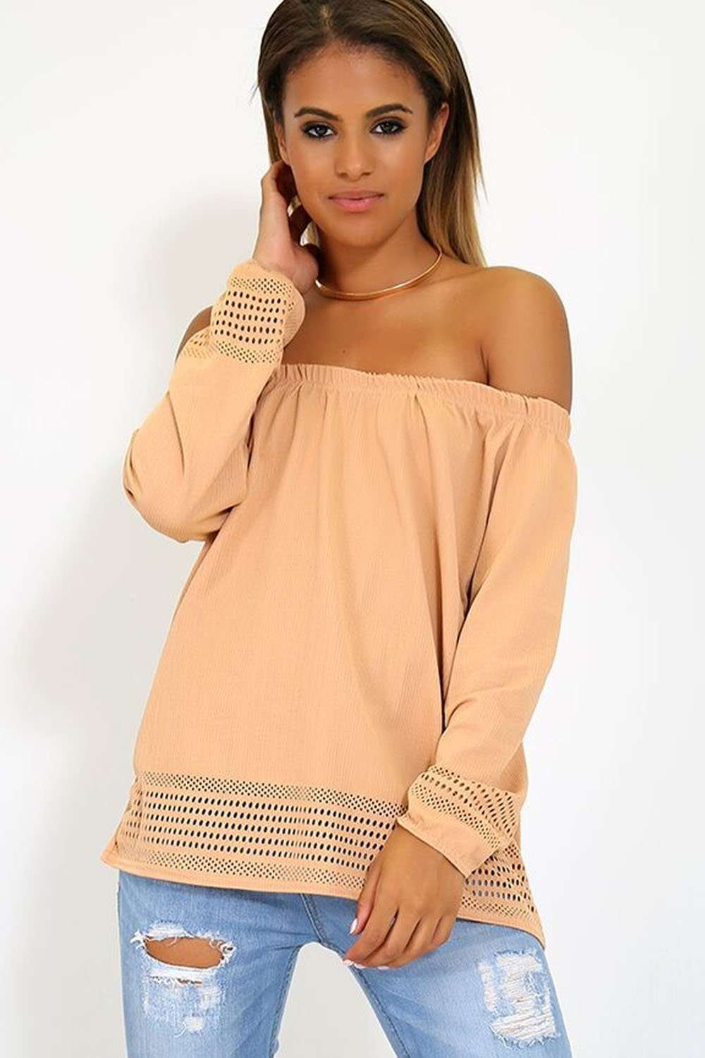 Black Off Shoulder Laser Cut Long Sleeve Top - bejealous-com