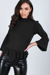 Black Ruffle Neck Cropped Frill Sleeve Top - bejealous-com