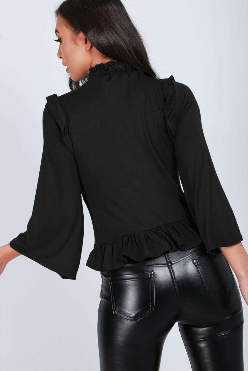 Black Ruffle Neck Cropped Frill Sleeve Top - bejealous-com
