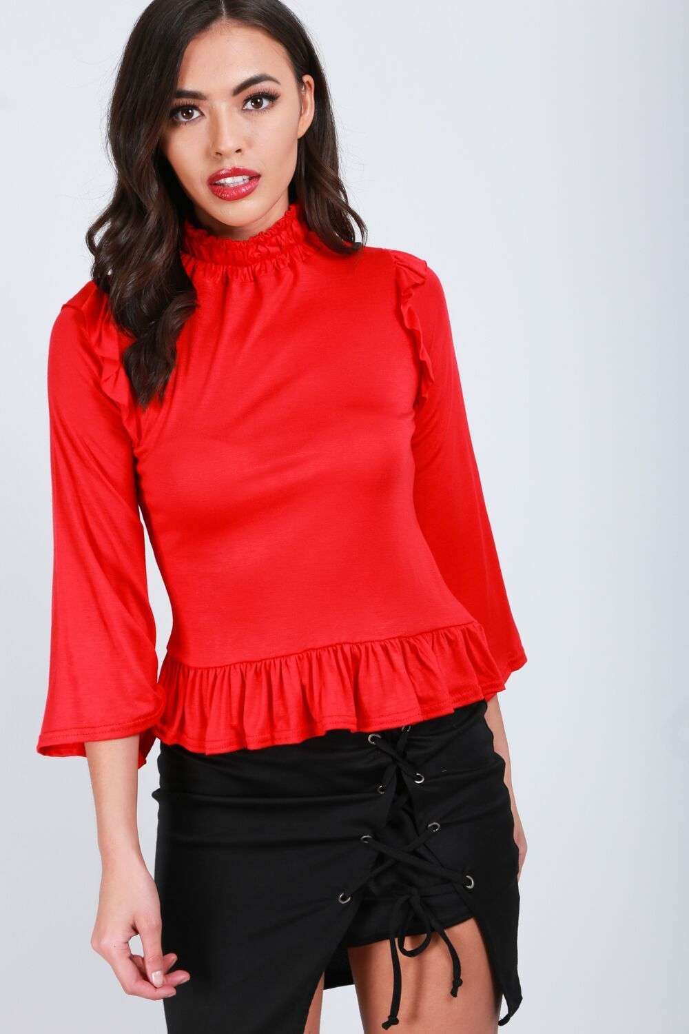 Black Ruffle Neck Cropped Frill Sleeve Top - bejealous-com