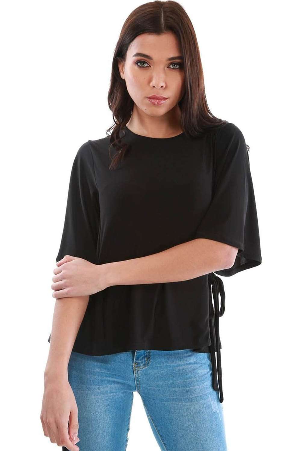 Black Slinky Draped Tie Side Loose Fit Top - bejealous-com