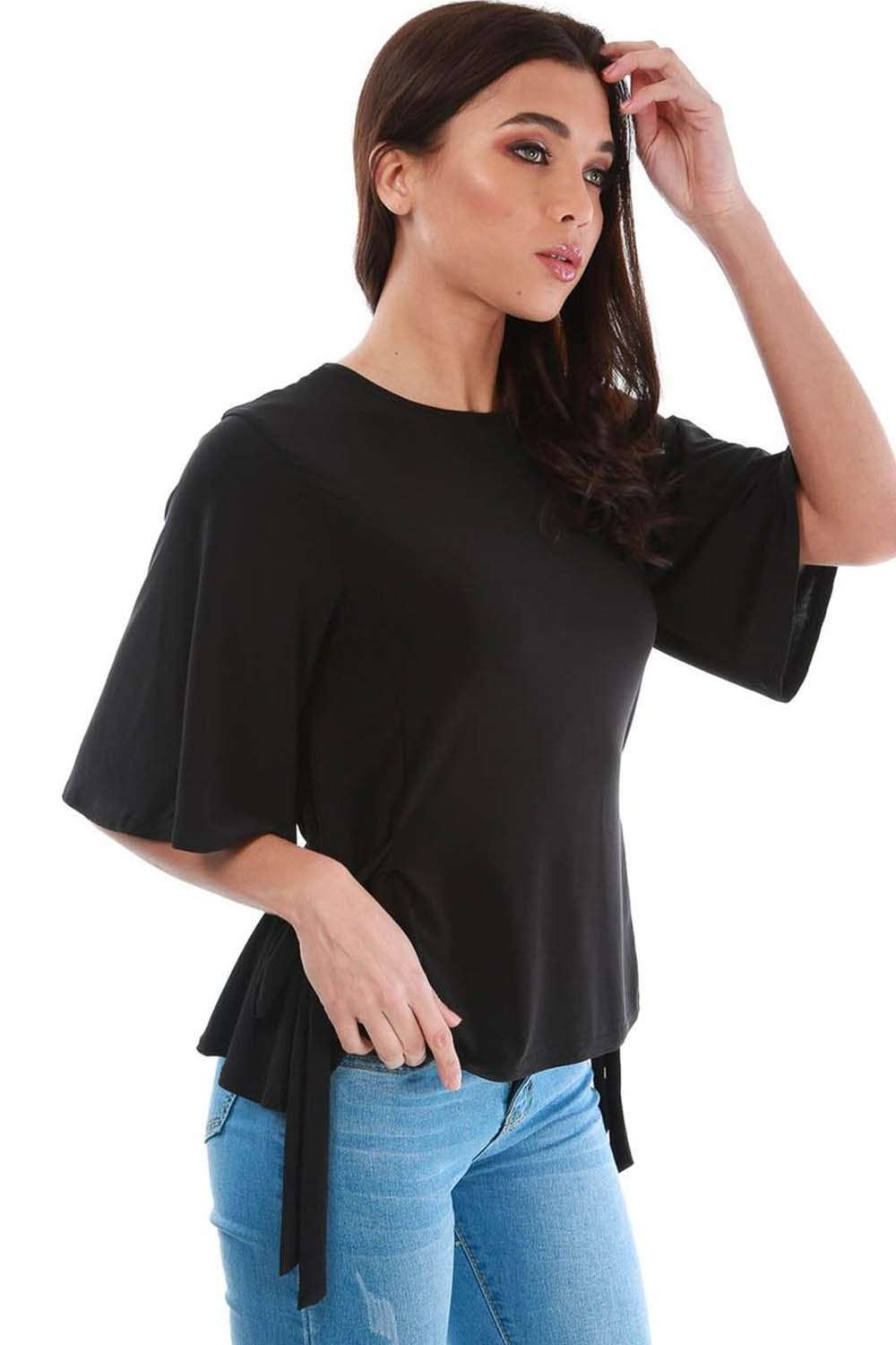 Black Slinky Draped Tie Side Loose Fit Top - bejealous-com