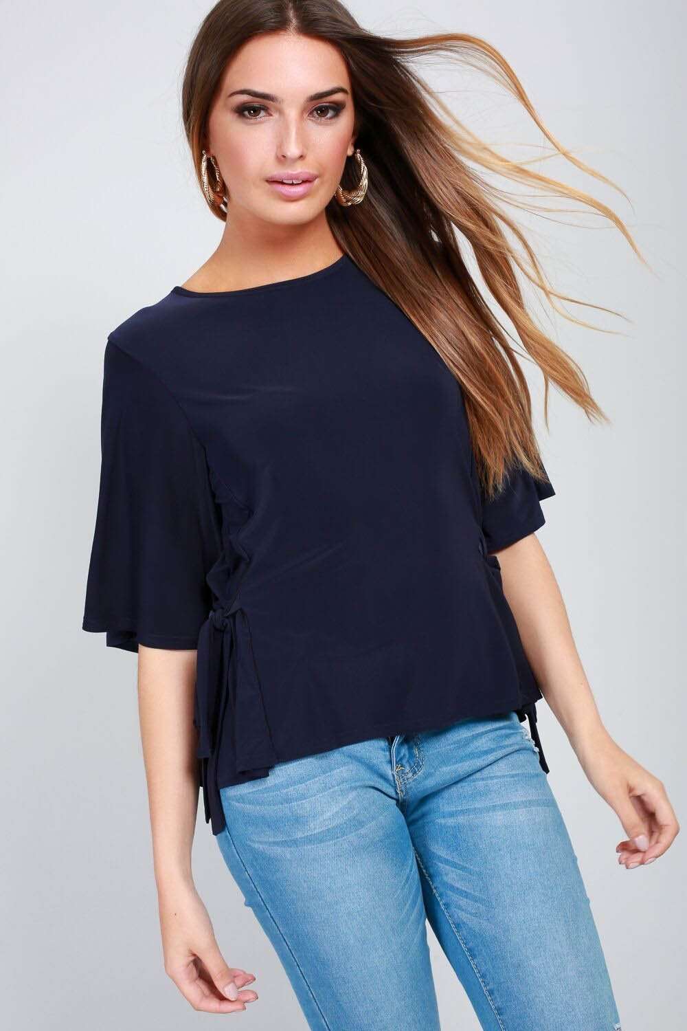 Black Slinky Draped Tie Side Loose Fit Top - bejealous-com