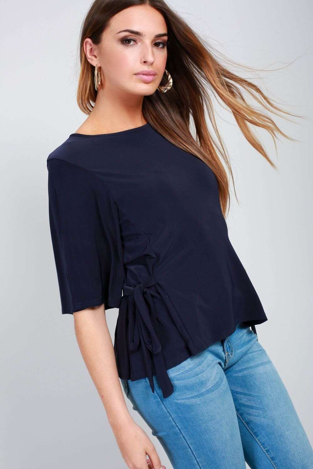 Black Slinky Draped Tie Side Loose Fit Top - bejealous-com