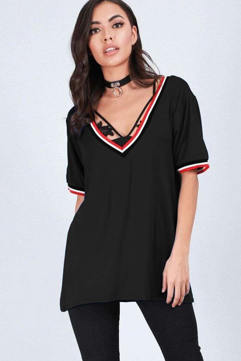 Black Vneck Sporty Striped Oversized Tshirt - bejealous-com